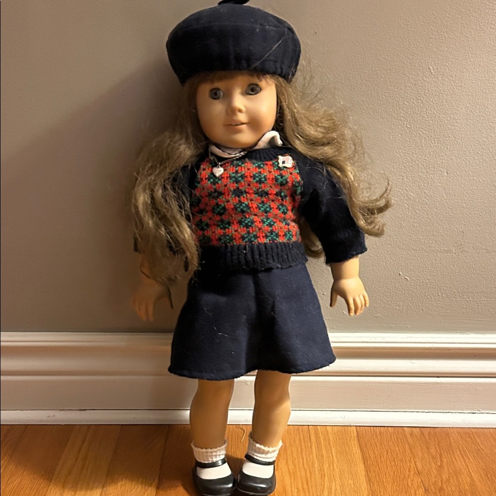 American Girl Doll with Black Beret and Plaid Sweater!